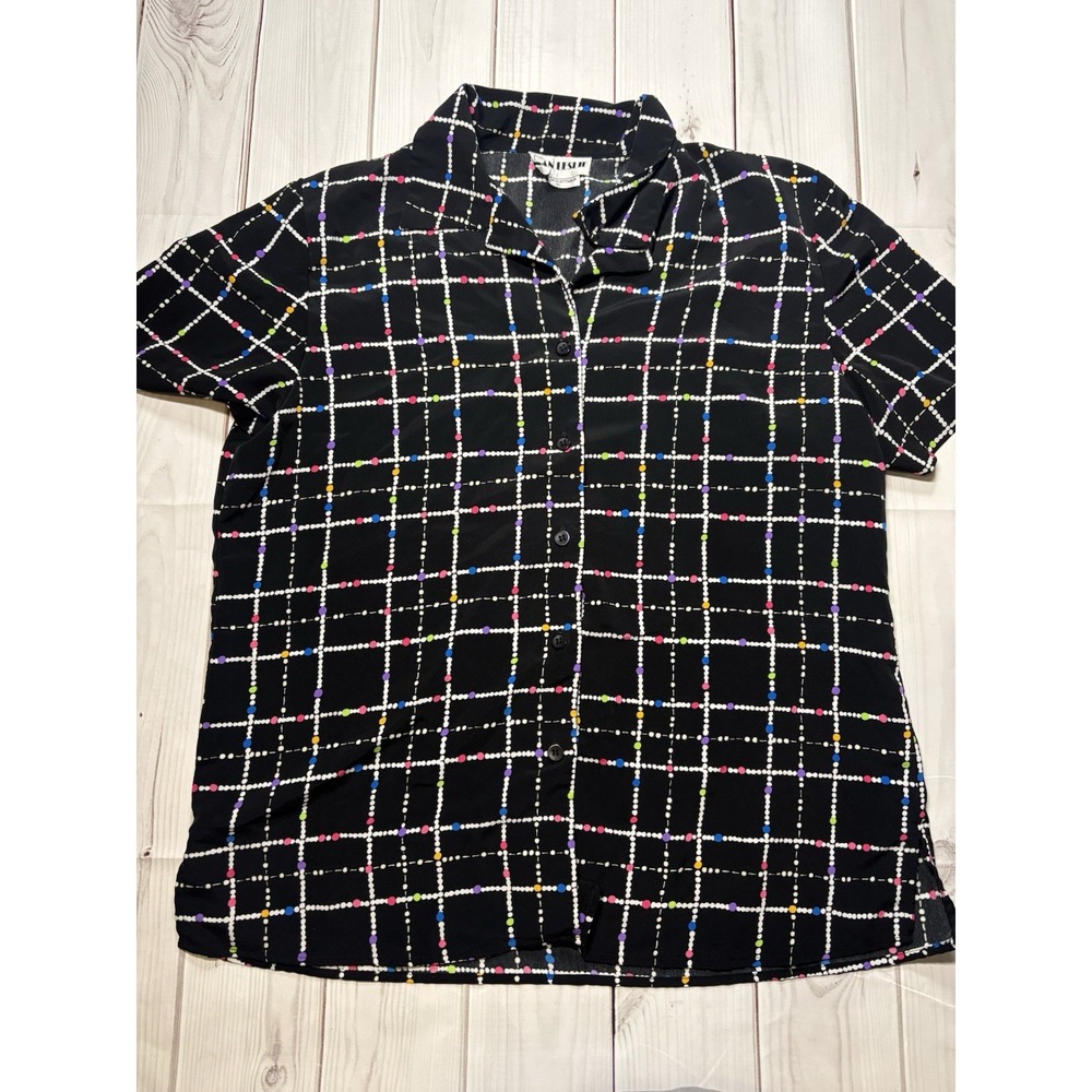 Vintage Joan Leslie Short Sleeve Button Up Shirt Black Geometric Pattern Size 12